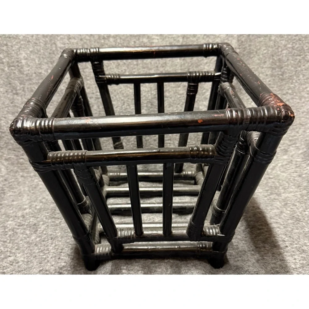VTG Black Rattan Faux Bamboo Square Planter Basket Storage Chinoiserie Style